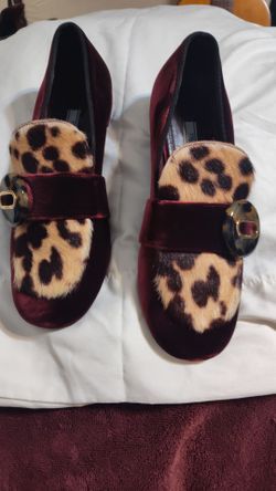 Prada Leopard-Print Goat Hair & Velvet Loafers in Bordeaux  size 38 1/2 us 8 1/2