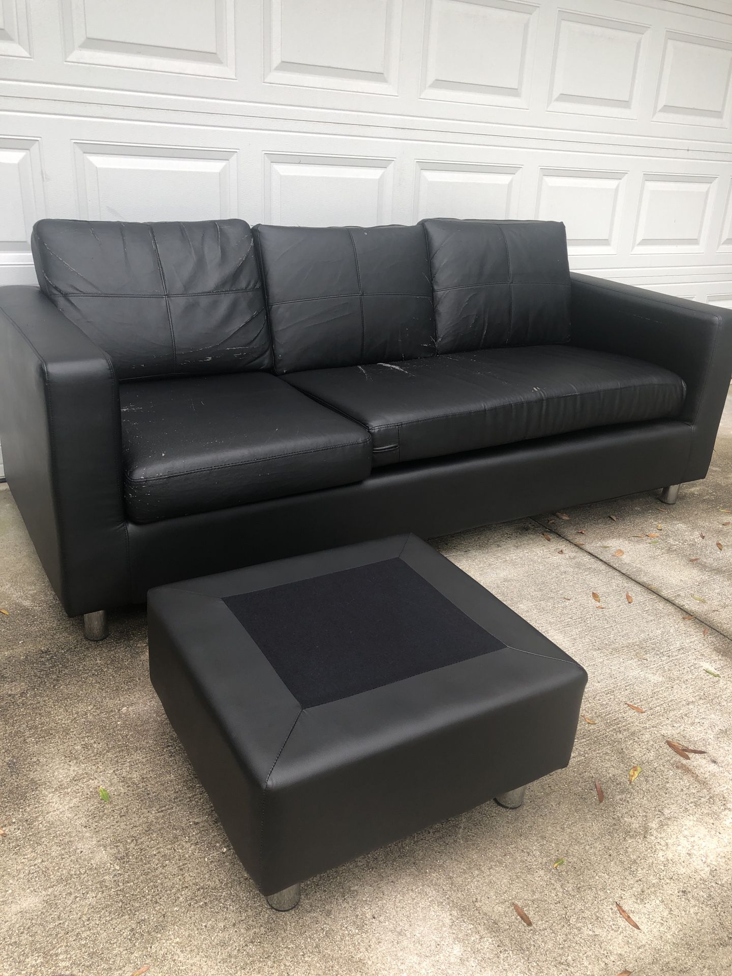 Black Leather Couch with Ottoman (Love Seat / Sofa / Sectional / Couch)