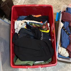 2 Bins Full Of Clothes, Jeans, Jackets Etc