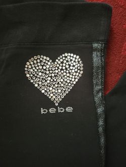 Bebe Women's Black & Silver Wide Leg Pants With Rhinestones Heart, Medium 