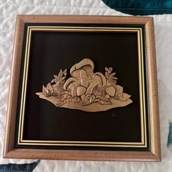 Vintage framed mushroom art Raised 3d effect textured metal in  a frame with no glass.  8 5/8” x 8 5/8” square.