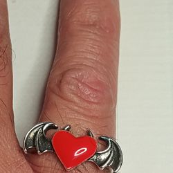 Gothic Red Enamel Heart Ring With Batwings