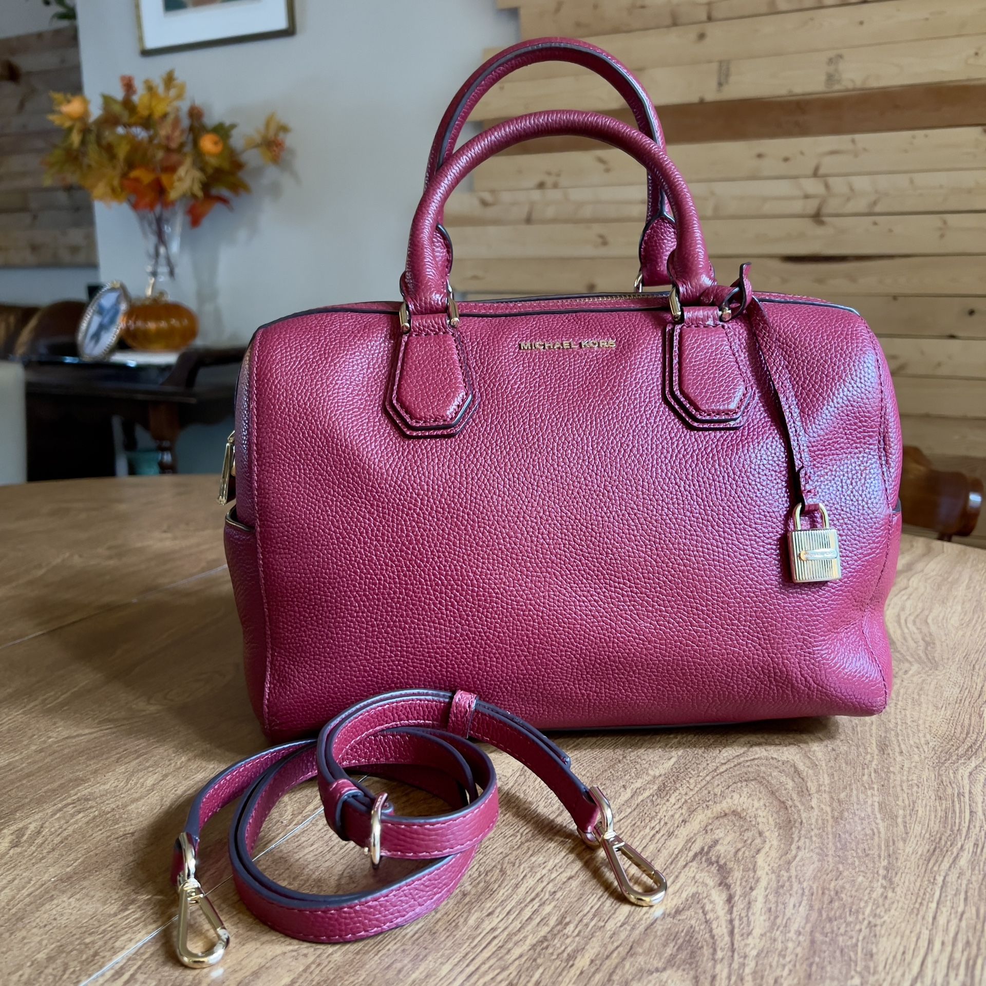 MICHAEL KORS Mercer Burgundy Cherry Red Pebble Leather Duffle Satchel Handbag