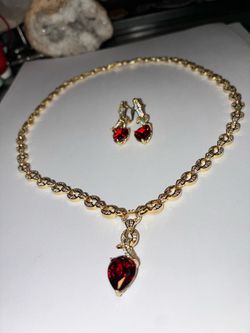 14k Gold Plated Red Gem Jewelry Set - Necklace & Matching Earrings