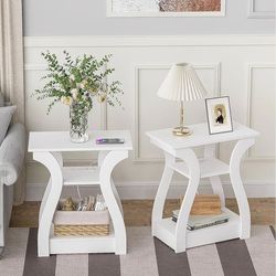 Set of 2,End White Table with Charging Station, Side Table, Nightstand for Bedroom, 3 Tier End Table with Storage Shelf for Living Room White