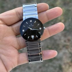 Bulova  Stainless Steel Date Black Diamond Dial Mens Quartz Watch