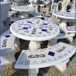 Concrete Mosaic Picnic Table with 3 Benches/ Outdoor Patio Furniture / Patio Set