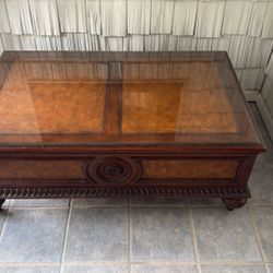 Hardwood Coffee Table With Glass Top and Pull Out Drawers