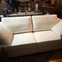 White And Brown Faux Leather Sofa With Dull Gold Accents 