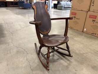 Vintage Art Nouveau Style Cherry Wood Rocking Chair with Floral and Scroll Marquetry Inlay