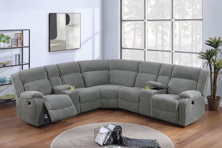 Brand New Grey Corduroy Power Reclining Sectional Sofa 