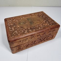 Vintage Floral Brass Inlaid Carved Wooden Trinket Box
