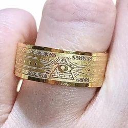 Gold Plated Masonic Ring, Gold Plated Stainless Steel Ring, Freemason Ring Size 8