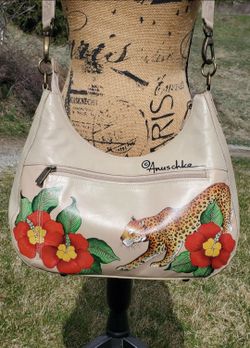 Anuschka Hand Painted Embroidered Leather Hobo Leopard Garden Shoulder Crossbody