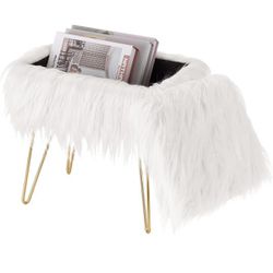 Vanity Stool Faux Fur Ottoman Cute Rectangle Faux Fur Chair with Storage, Fuzzy Bench Fluffy Footrest, for Girls Up to 330 LBS, for Makeup Room Bedroo