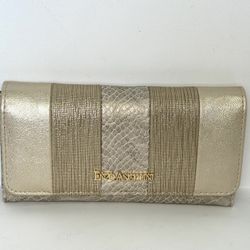 Enzo Angolini Womens Trifold Wallet Gold Checkbook ID CC Slots Snake Print EUC