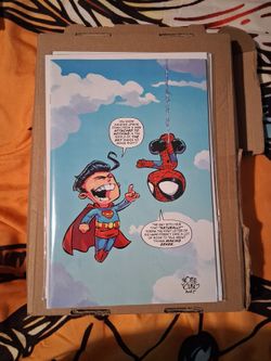 This is a variant cover for Marvel/DC: Spider-Man/Superman #1, illustrated by Skottie young