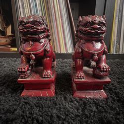 Pair of Red Wooden Foo Dogs / Guardian Lions – Solid Wood – 7” Tall