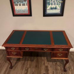 Antique Victorian Writing Desk - Solid Wood, Bronze Handles, Elegant 3-Panel Green Leather Inlay