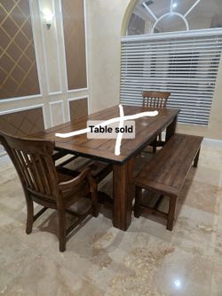 Solid dark wood large 2 benches & 2 chairs