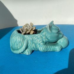 3 Inch Porcelain Green/ Blue CAT PLANTER 