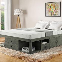 Queen Platform Storage Bed Frame w Drawers / Shelves ( Grey )