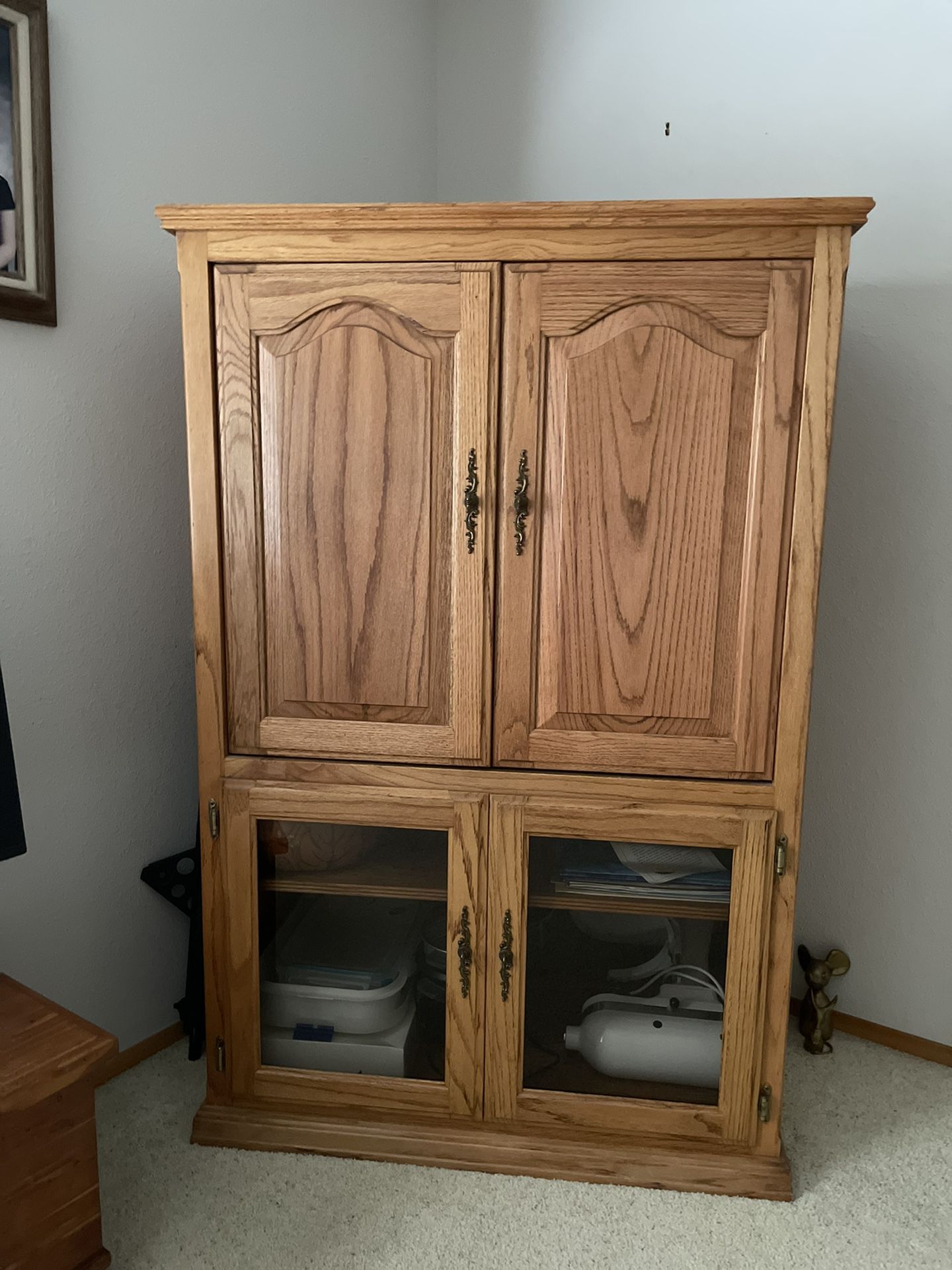 Wood Entertainment Center With Sliding Doors & Upper And Lower Openings For Electrical Cords