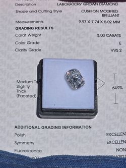 Gorgeous 3 Carat Lab Grown Cushion Modified Brilliant Diamond – E Color, VVS2 Clarity, Excellent Cut!