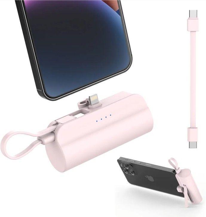 5000mAh Mini Power Bank Fast Charging with Built in Cable,Cute Compact Phone Battery Pack for iPhone and Samsung,etc.(Pink)
