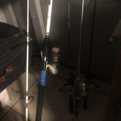 4 Fishing Poles. 2 Zebco Small Poles.  2 Okuma Poles