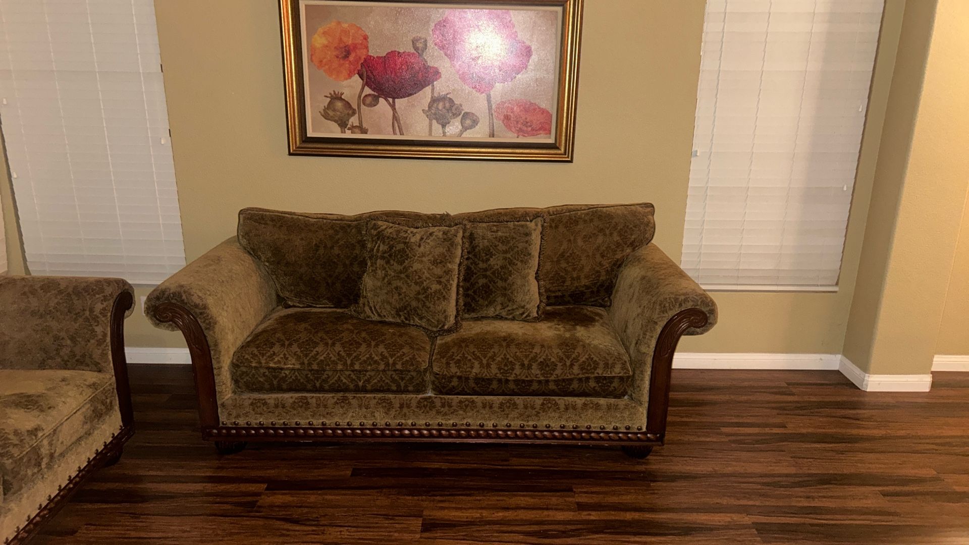 Olive/brown color couch and loveseat