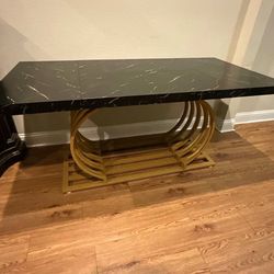 Modern Black White Marble Gold Accent Executive Desk TV Media Console measurements: 63”L x 31” D x 29” H