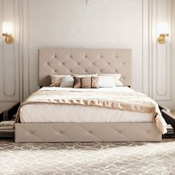 Queen Size Platform Bed Frame with 4 Storage Drawers and Headboard, Diamond Stitched Button Tufted, Beige