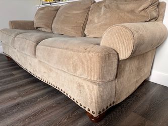 Beige Fabric Sofa with Nailhead Trim