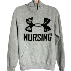 Under Armour (M) Unisex Nursing Graphic Hoodie Sz S Gray Needle Stethoscope EUC