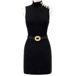 Vintage St John Knits Black Sleeveless Ribbed Sweater Dress Gold Buckle Sz XS/S