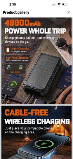 High-capacity 49800mAh portable solar power bank is black with a rugged, shockproof design. It has a built-in Li-Polymer battery and supports wireless