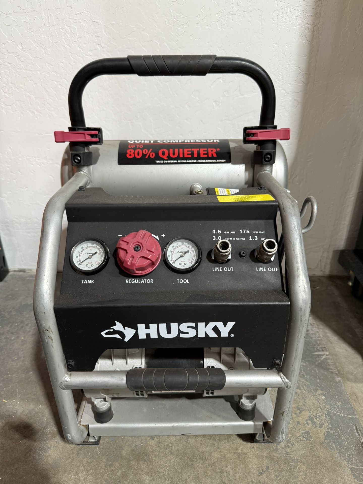 Husky 4.5 Gal. 175 PSI Portable Electric Oil-Free Quiet Twin Stack Jobsite Air Compressor w/Rubber Wheels and 2-Quick Couplers