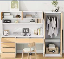 🆕️Harper & Bright Natural 90.9 in. 2-Doors Wood Wardrobe Armoire with Built-in Desk, Storage Shelves and 6 Drawers (4 Boxes) 