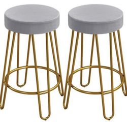 Set of 2 Upholstered Velvet Counter Stools with Metal Legs
