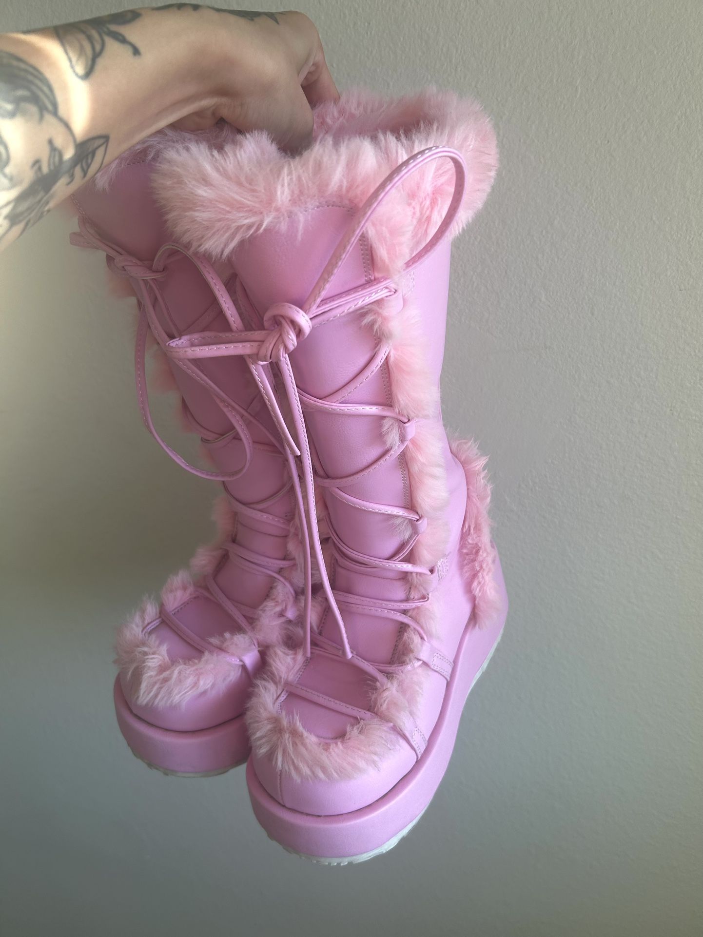 Demonia Pink Fur Boots Size 7