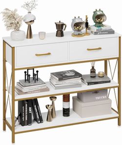 Industrial Console Table with Drawers, Vintage Hallway Foyer Table with Storage Shelves, Narrow Long Sofa Entryway Table for Living Room, White/Gold