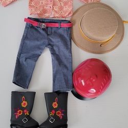 American Girl Saige's PARADE OUTFIT shirt pants boots , ridding halmet and hat