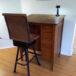 Antique Desk Oak Industrial Drafting Table with chair 