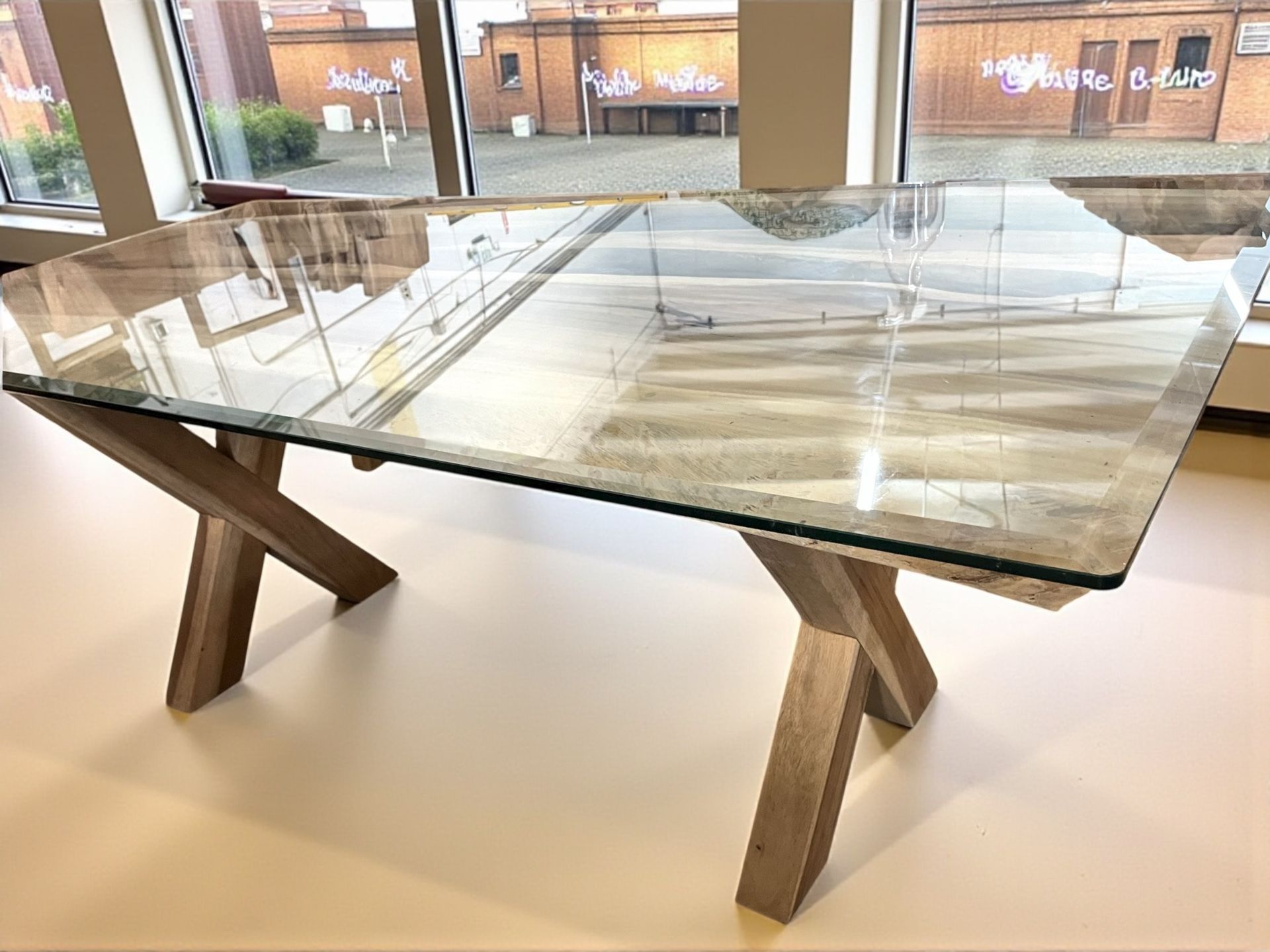 Reclaimed Wood Slab With The Glass Top Dining Table