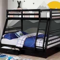 Brand New Black Twin Over Full Bunk Bed w Trundle Drawers 