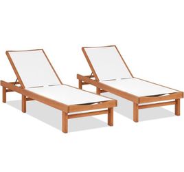 COSTWAY Patio Wood Chaise Lounge Chair, Strong Eucalyptus Wood Frame, 5-Position Adjustable Outdoor Recliner with White Mesh (White)