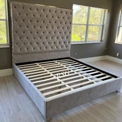 Lacey Queen Size Bed Frame With Upholstered Velvet Headboard ⭐$39 Down Payment with Financing ⭐ 90 Days same as cash