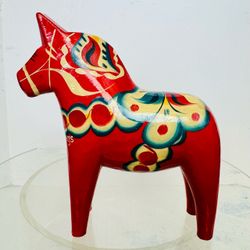Vintage SWEDISH DALA HORSE Red Hand Carved And Painted Wood Carving 6.5” Tall