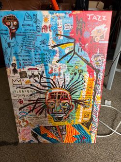 Basquiat-Inspired Vinyl Print on Frame – 15.5 x 23 – Colorful Street Art Style with Text & Figures